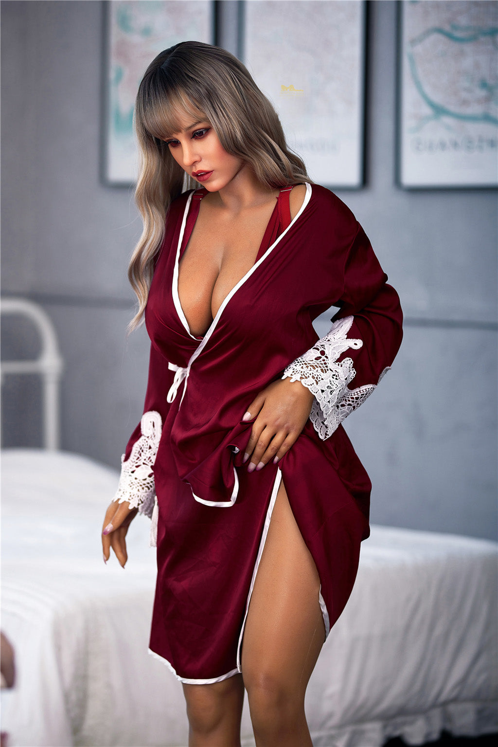 Raya -165cm(5'41")F-cup Full Silicone British Pajamas Silver Hair Beauty Sex Doll Dark Tanned - Irontech Doll