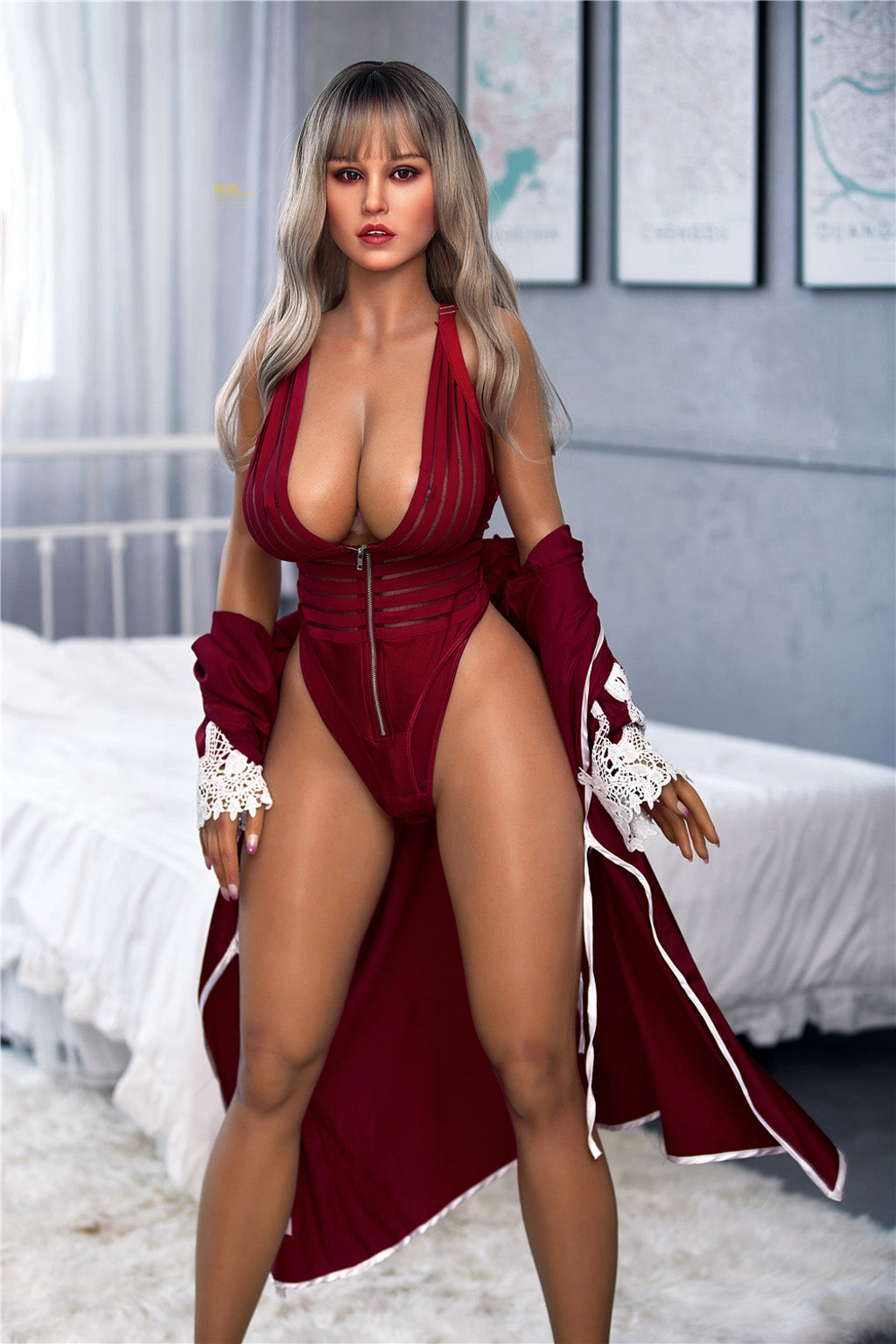 Raya -165cm(5'41")F-cup Full Silicone British Pajamas Silver Hair Beauty Sex Doll Dark Tanned - Irontech Doll