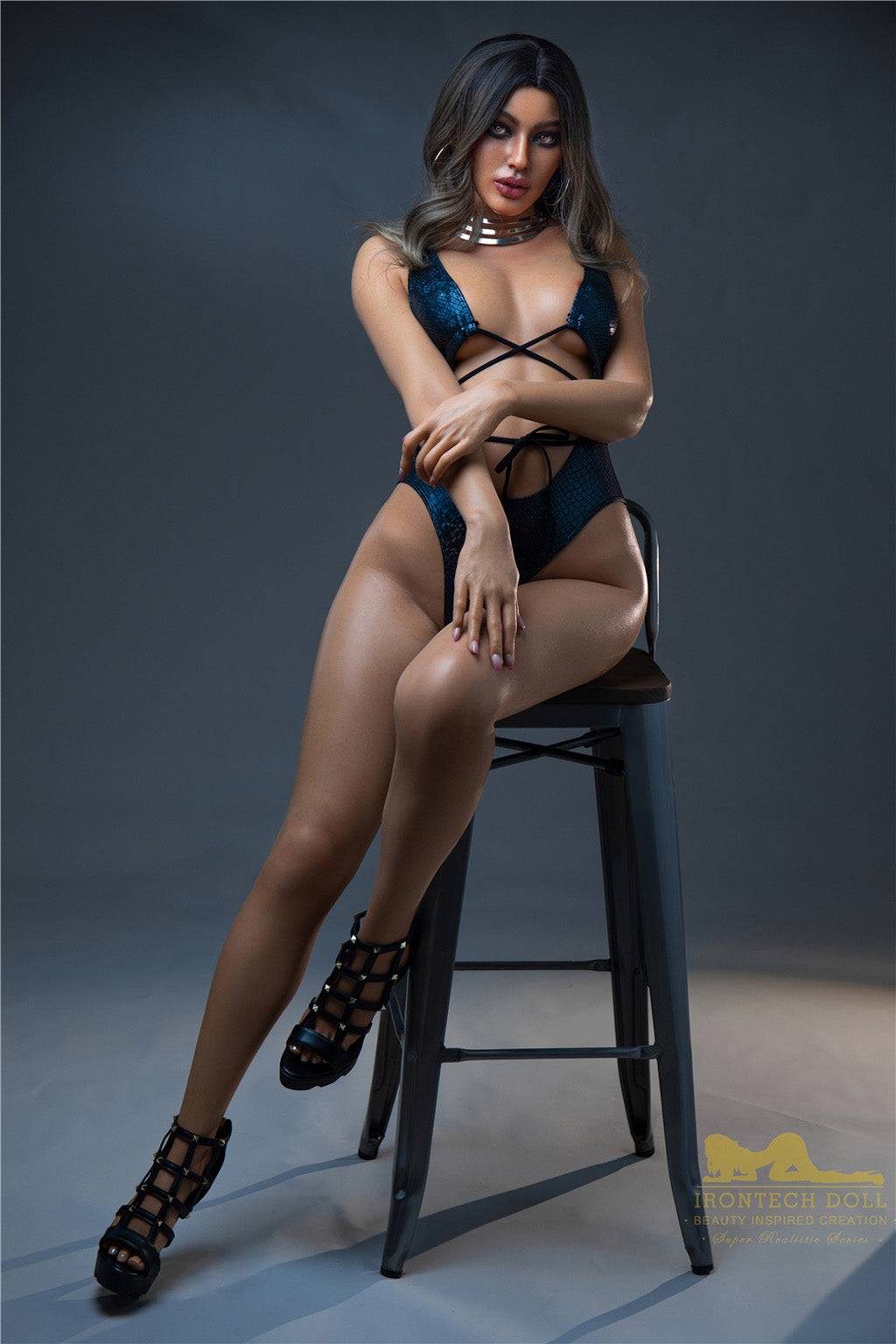 Farrah-166cm(5'45")Minus D-cup Full Silicone Silver Hair Plump Lady Sex Doll Dark Tanned - Irontech Doll