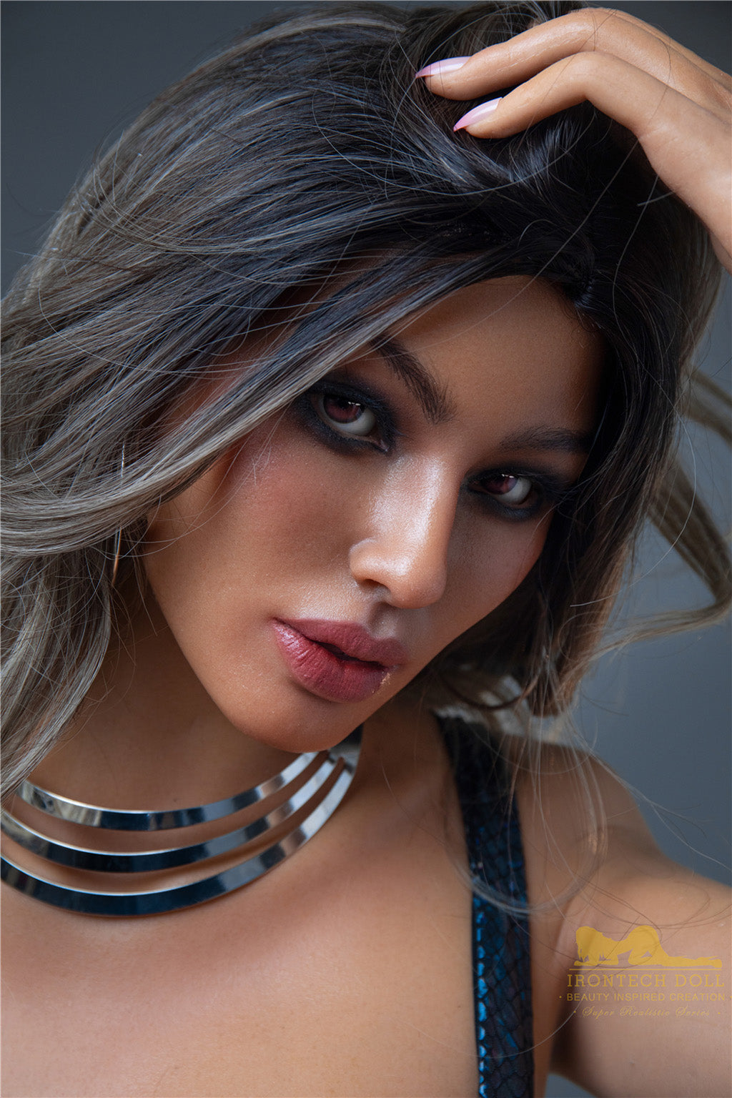 Farrah-166cm(5'45")Minus D-cup Full Silicone Silver Hair Plump Lady Sex Doll Dark Tanned - Irontech Doll