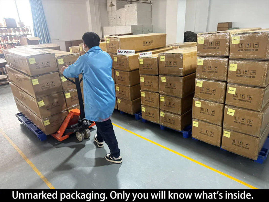 Luredolls warehouse worker moving packaged orders with a pallet jack