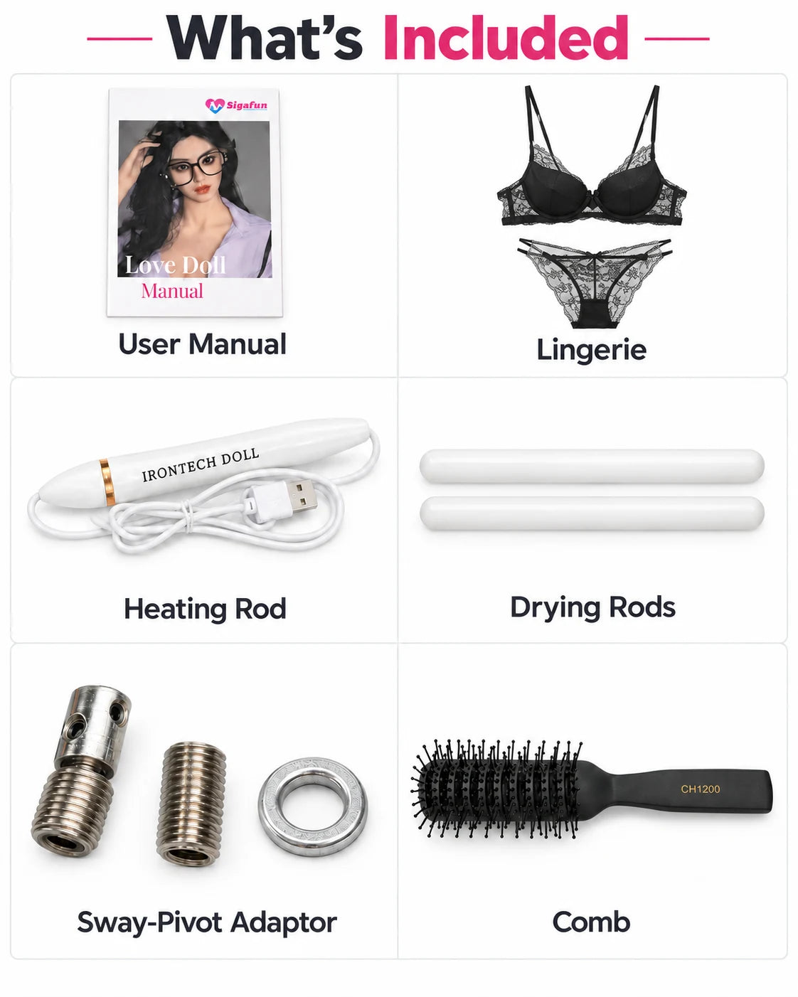 Included accessories: user manual, lingerie, heating rod, drying rods, Sway-Pivot Adaptor set and comb